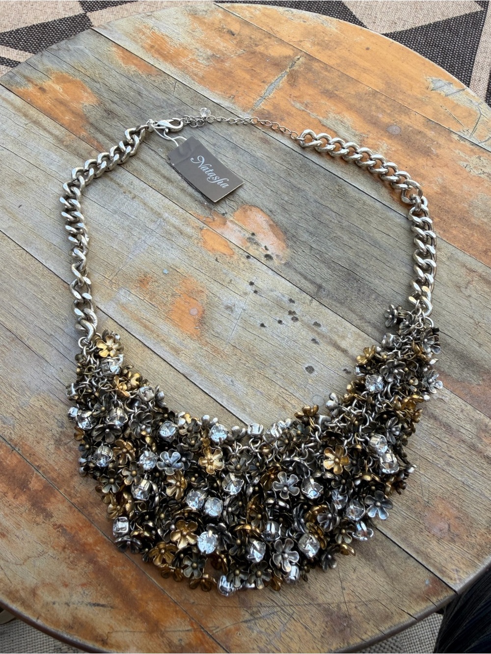 Natasha Statement Bib Necklace Mixed Metal Floral Crystal Chunky Chain
